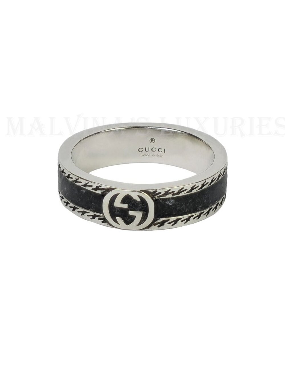 GUCCI RING STERLING SILVER w BLACK ENAMEL INTERLOCKING GG LOGO sz 22 US 10 - Picture 11 of 16